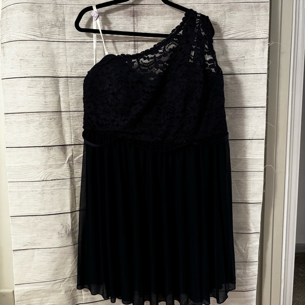 New with Tags David’s Bridal Bridesmaid One Shoulder Lace Dress in Marine Blue